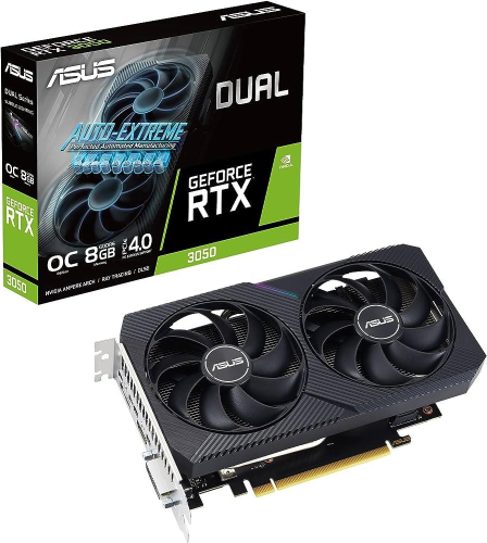 ASUS DUAL NVIDIA GEFORCE RTX3050-O8G-V2 OC EDITION 8GB GDDR6 DUAL FAN PCI EXPRESS 4.0 1 x HDMI 1 x DVI-D 1 x DISPLAPORTS